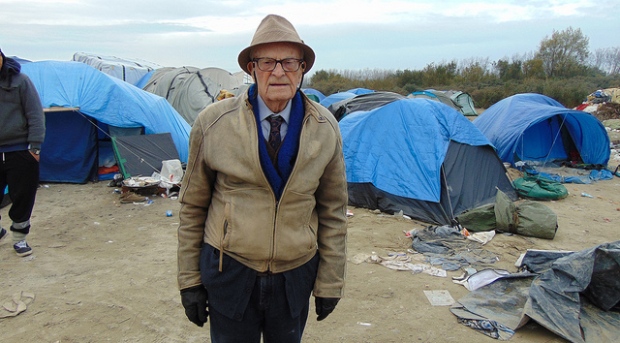 Harry Leslie Smith at a refugee and migrant encampment called Calais Jungle, in use from January 2015 to October 2016 in Calais, France.
