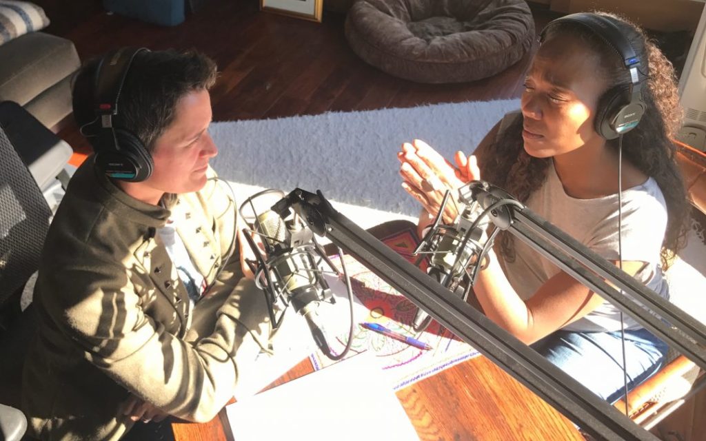 Heather Mizeur (L) talking with actor and filmmaker Sonja Sohn.